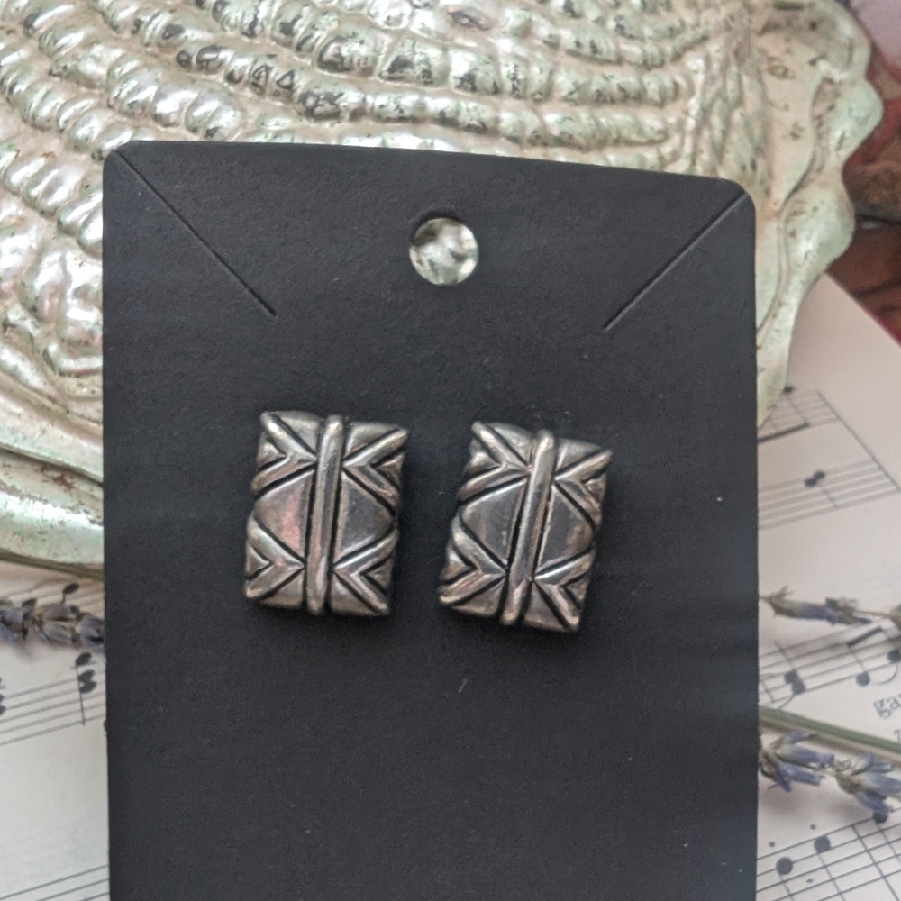 Silver Geometric Stud Earrings - Picture 6 of 7